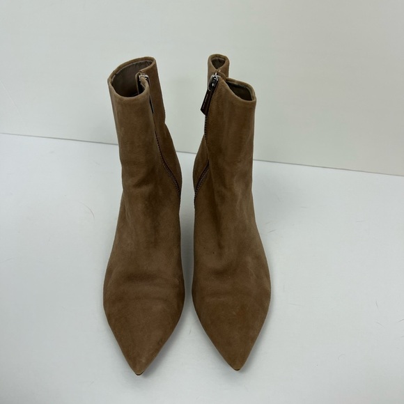 Michael Kors Suede Bootie Heeled Zip Boot Tan Brown Pointy Toe Leather Upper - Picture 2 of 7